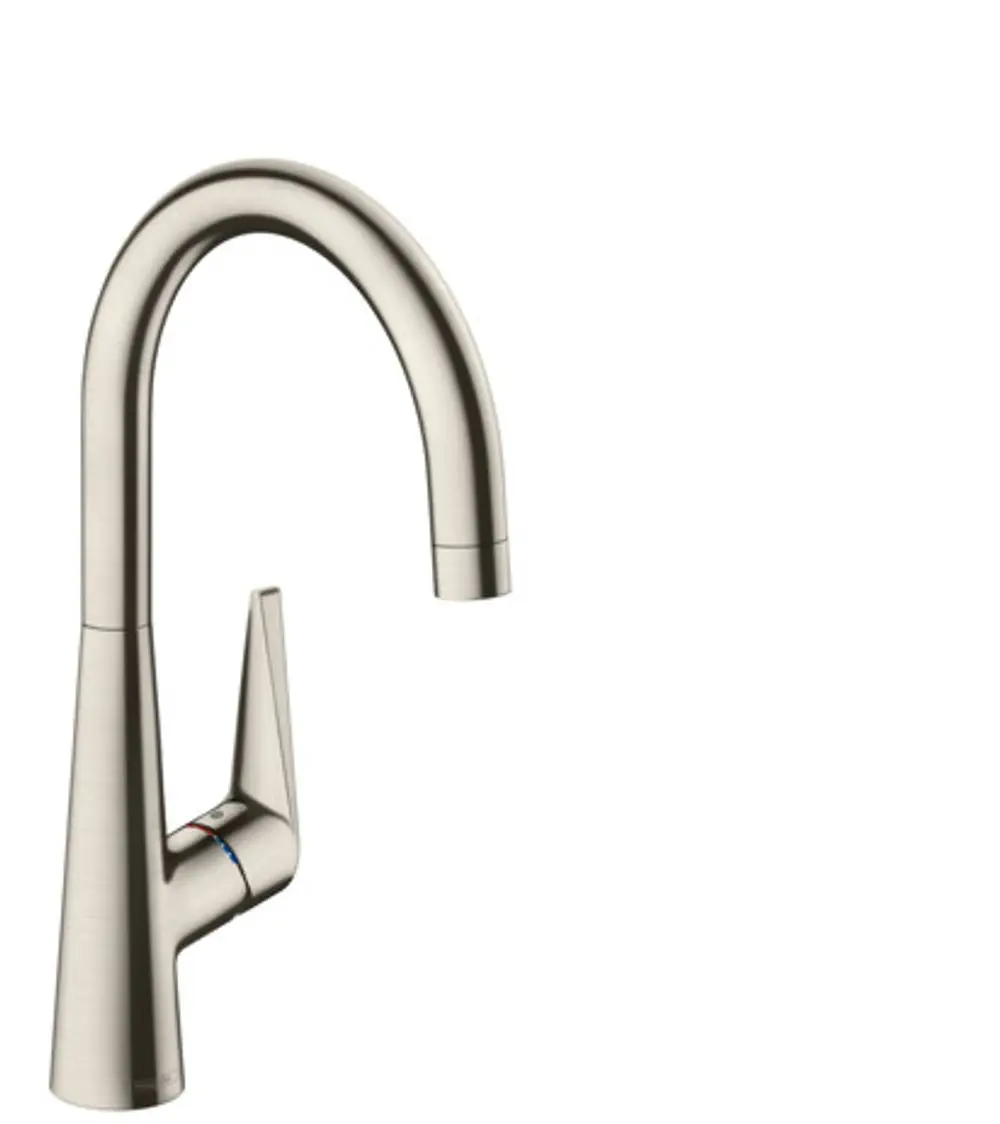 Hansgrohe Spültischmischer mit hohem, geschwungenem Auslauf und manuellem Griff zur Temperatur- und Mengenregulierung in Edelstahl-Optik.